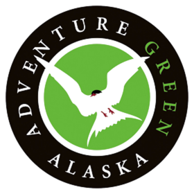 Logo with white bird on green circle, text: Adventure Green Alaska.