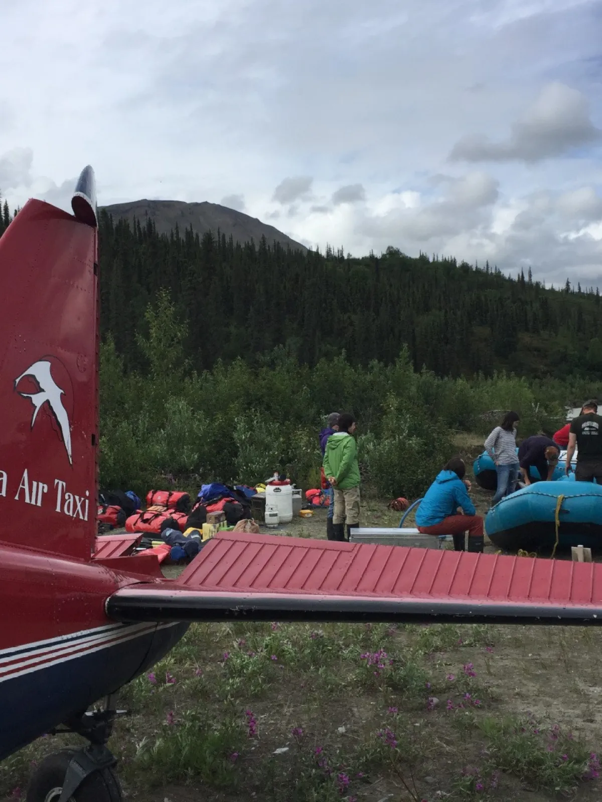 talkeetna air taxi logo on a red aircraft with a small group