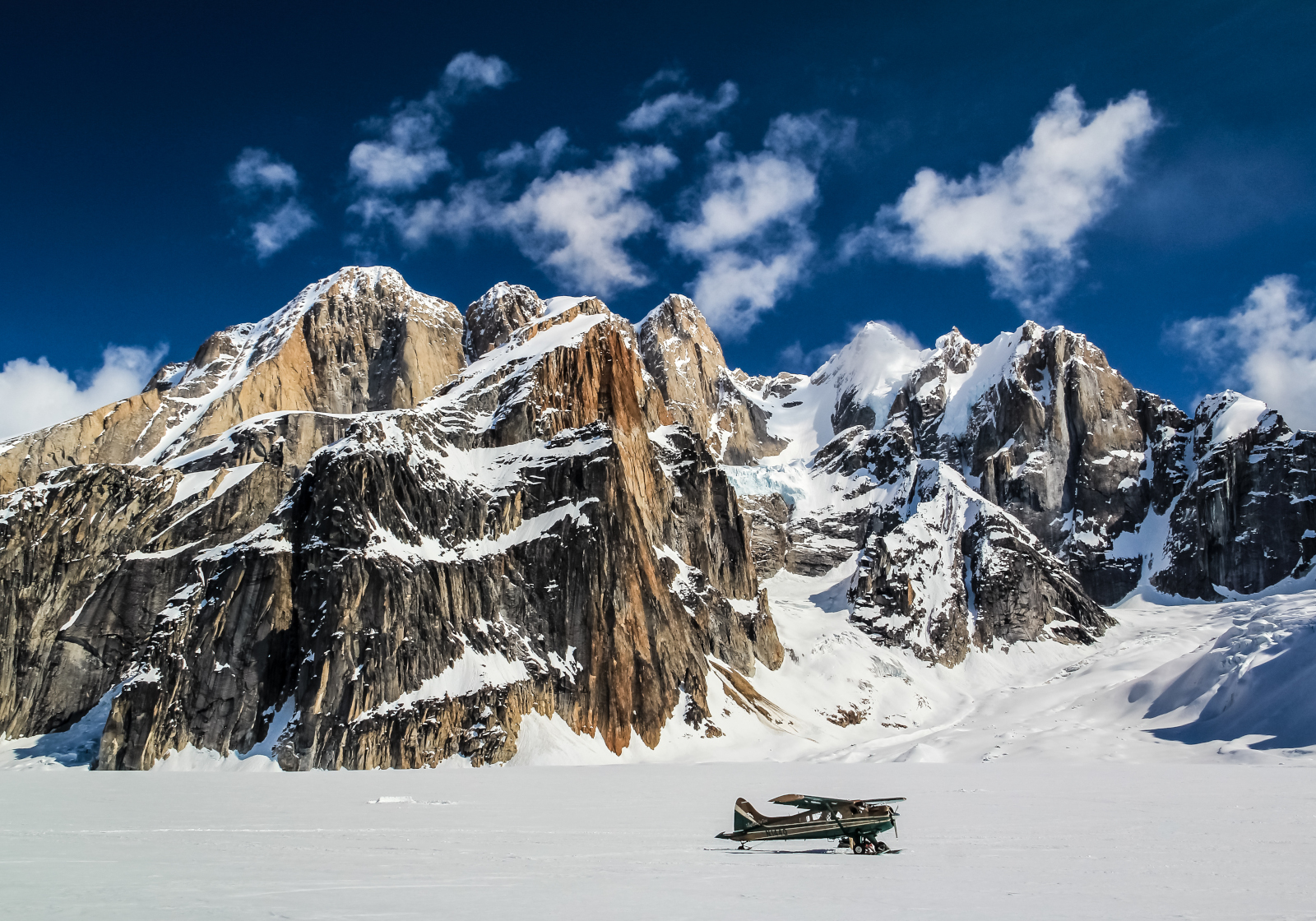 Ruth Gorge surrounded by granite climbing walls in Denali National Park